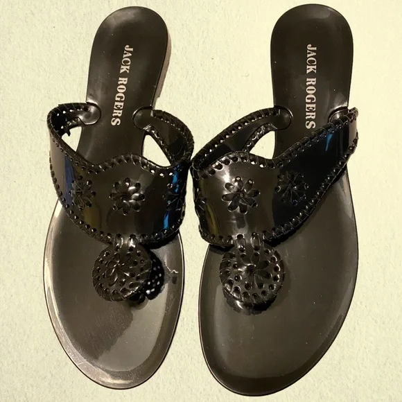 Jack Rogers Black Sandals 11 Shoes Flip Flops Shiny Woven Thongs Jellies - Picture 5 of 8